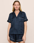 Model is wearing Inez Washable Silk Jacquard Short PJ Set in ClassicStripeJacquardNv/Iv