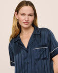 Model is wearing Inez Washable Silk Jacquard Short PJ Set in ClassicStripeJacquardNv/Iv
