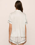 Model is wearing Inez Washable Silk Jacquard Short PJ Set in ClassicStripeJacquardPea/Na