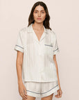 Model is wearing Inez Washable Silk Jacquard Short PJ Set in ClassicStripeJacquardPea/Na