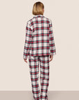 Model is wearing Flannel Long PJ Set in Tartan Plaid Ivory/Holly Red