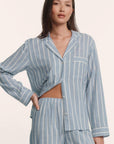 Model is wearing Nautico Long PJ Set in Classic Stripe Slate Blue/Ivory