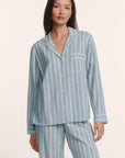 Model is wearing Nautico Long PJ Set in Classic Stripe Slate Blue/Ivory