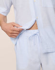 Model is wearing Men's Nautico Short PJ Set in White/CornflowerBlue