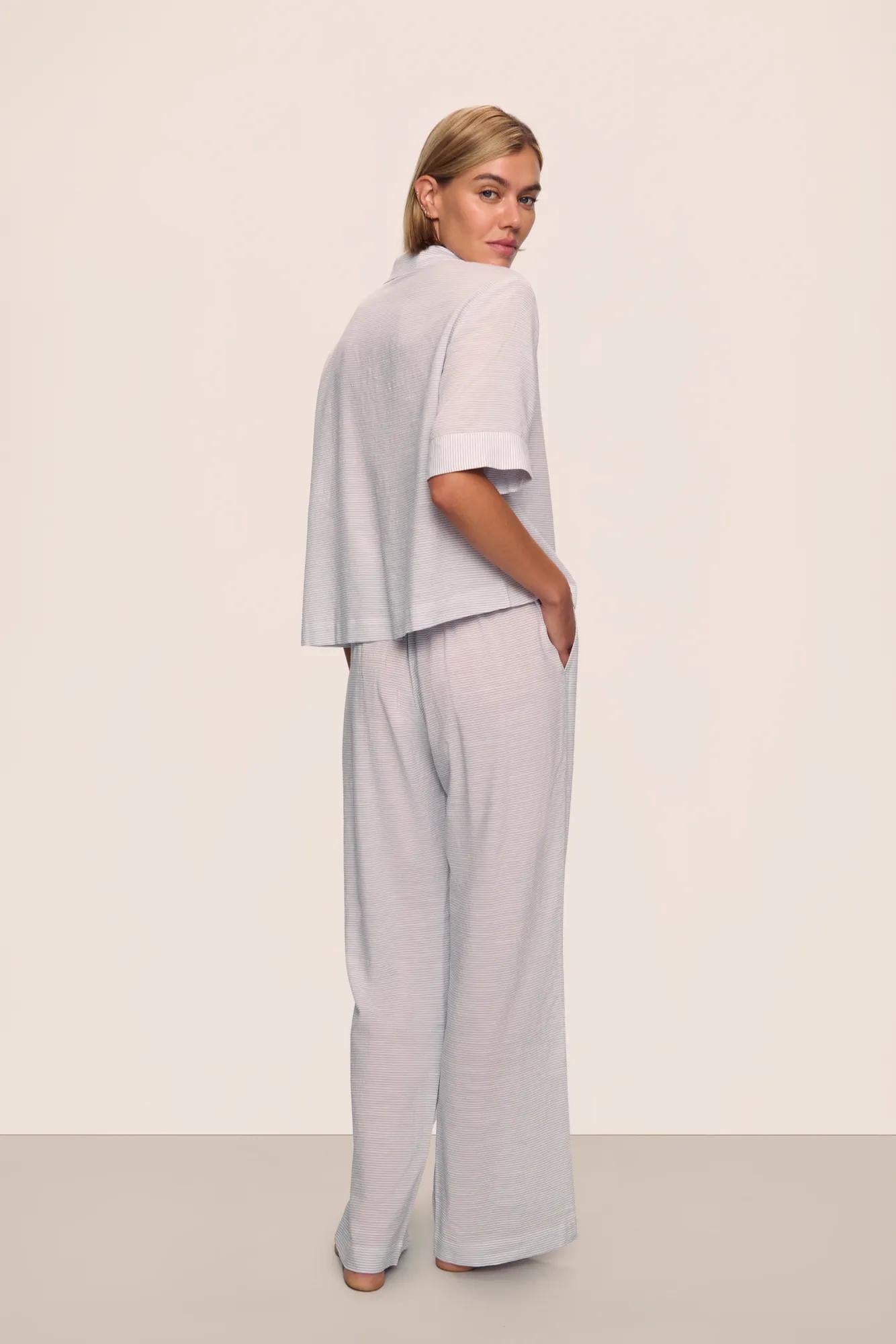 Model is wearing Nautico Relaxed Short Sleeve & Pant PJ Set in Feeder Stripes Wh/Peppercorn