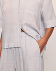Model is wearing Nautico Relaxed Short Sleeve & Pant PJ Set in Feeder Stripes Wh/Peppercorn