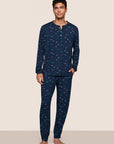 Model is wearing Henry Printed TENCEL™ Modal Long PJ Set in Forest Pine Navy