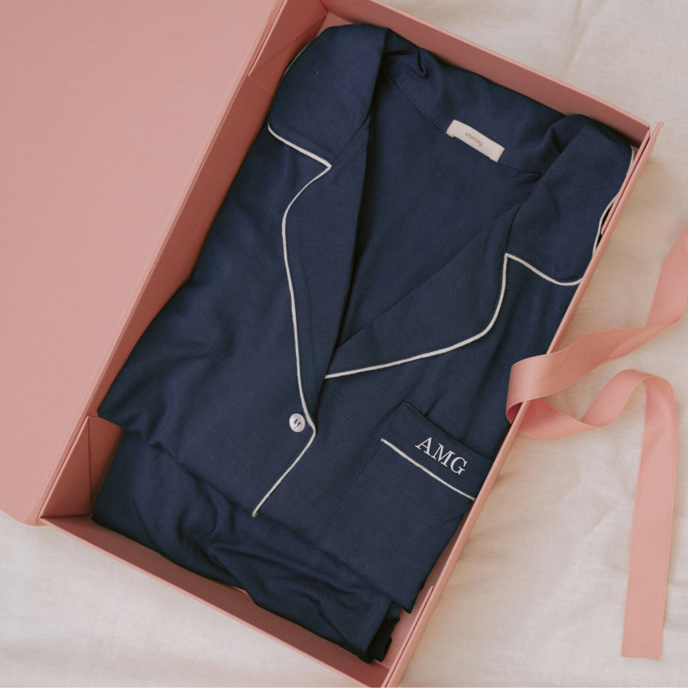Image of gift box with monogramed Gisele TENCEL™ Modal Long PJ Set in Navy/Ivory