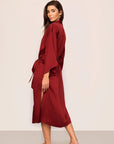 Model is wearing Inez Washable Silk Robe in Merlot