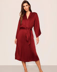 Model is wearing Inez Washable Silk Robe in Merlot