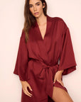 Model is wearing Inez Washable Silk Robe in Merlot