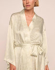 Model is wearing Inez Washable Silk Printed Robe in Foliage Mint Cream