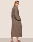 Model is wearing Recycled Boucle Robe in Deep Taupe