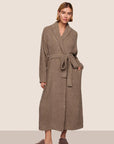 Model is wearing Recycled Boucle Robe in Deep Taupe