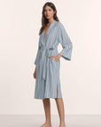 Model is wearing Nautico Midi Robe in Classic Stripe Slate Blue/Ivor