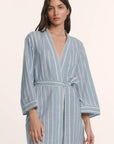 Model is wearing Nautico Midi Robe in Classic Stripe Slate Blue/Ivor
