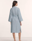 Model is wearing Nautico Midi Robe in Classic Stripe Slate Blue/Ivor