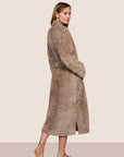 Model is wearing Renew Plush Long Robe in Toffee