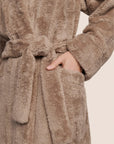 Model is wearing Renew Plush Long Robe in Toffee