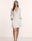 Model is wearing Lara TENCEL™ Modal Short Robe in Ivory