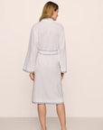 Model is wearing Linen Blend Long Sleeve Robe in White/Navy