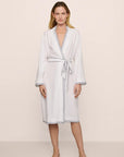 Model is wearing Linen Blend Long Sleeve Robe in White/Navy