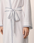 Model is wearing Linen Blend Long Sleeve Robe in White/Navy
