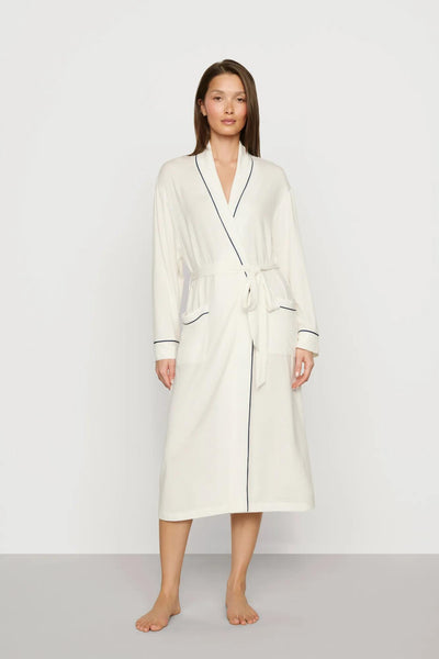 Model is wearing Gisele TENCEL™ Modal Long Robe in Ivory/Navy