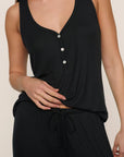 Model is wearing Dream Rib V Neck Tank in Black