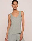 Model is wearing Dream Rib V Neck Tank in Dark Heather Grey