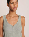Model is wearing Dream Rib V Neck Tank in Dark Heather Grey