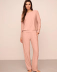 Model is wearing Softest Sweats Boat Neck Pullover in Velvet Pink
