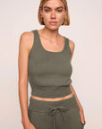 Model is wearing Recycled Sweater Cropped Tank in Smokey Olive
