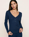 Model is wearing Pointelle V Neck Henley in Navy