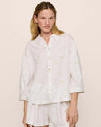 Model is wearing Linen Blend Relaxed Quarter Sleeve Top in SummerDaisyWhite/PeachDust