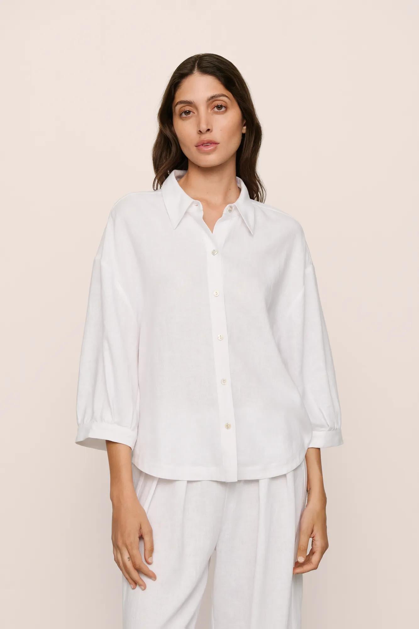 Model is wearing Linen Blend Relaxed Quarter Sleeve Top in White