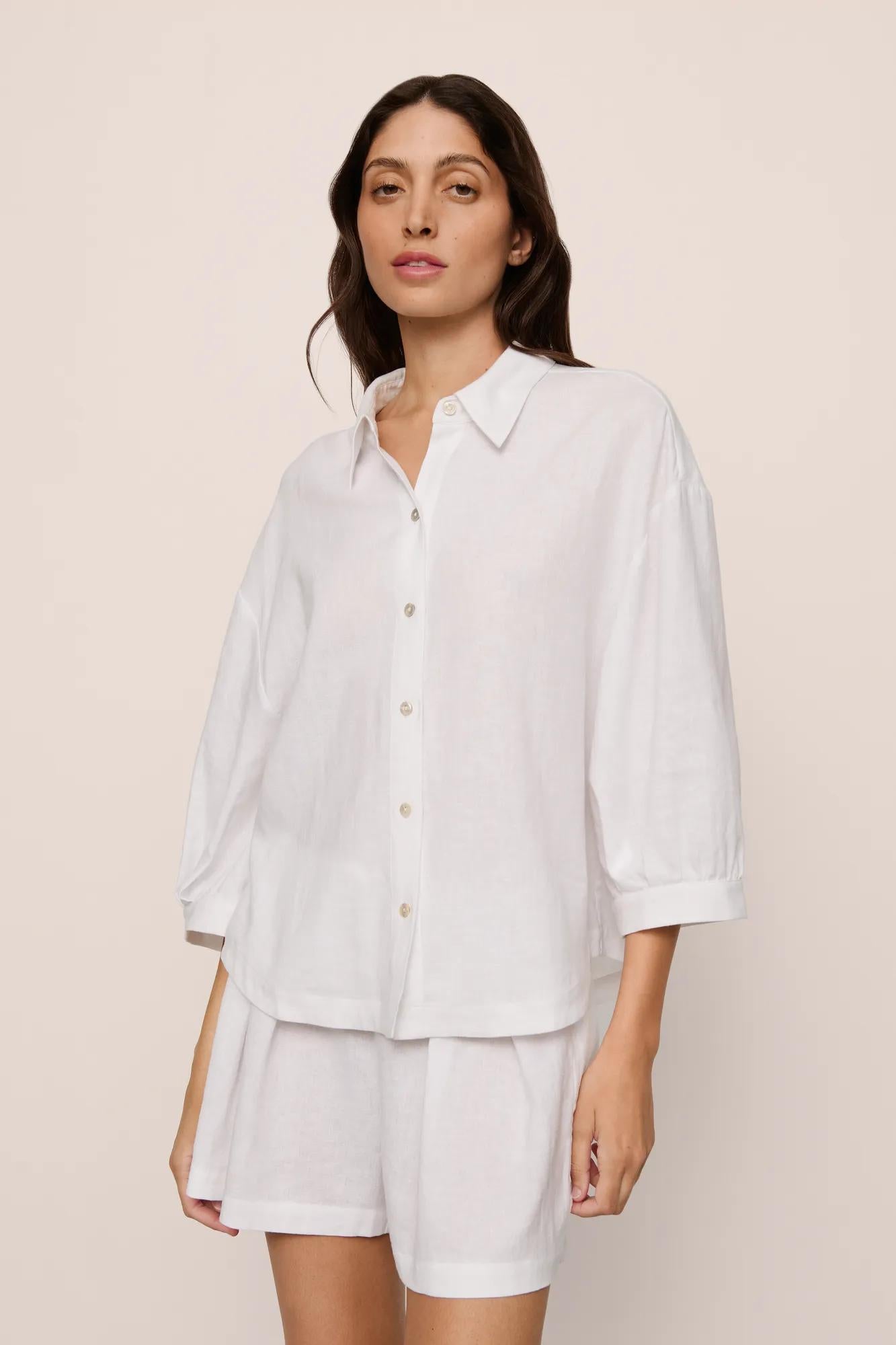 Model is wearing Linen Blend Relaxed Quarter Sleeve Top in White