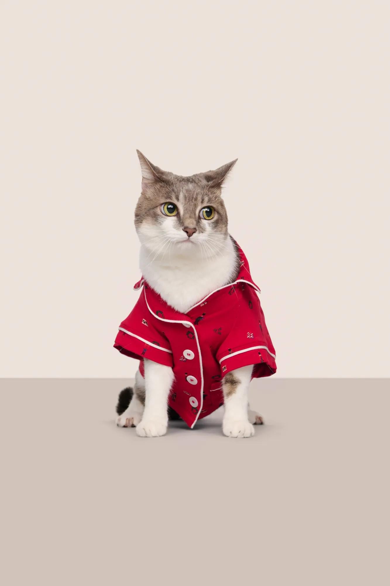 Model is wearing Gisele Printed TENCEL™ Modal Pet PJ  in Nutcracker Holly Red/Ivory
