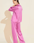 Model wears Inez Washable Silk Long PJ Set in Italian Rose/Foxglove.