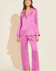 Model wears Inez Washable Silk Long PJ Set in Italian Rose/Foxglove.