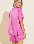 Model wears Inez Washable Silk Short PJ Set in Italian Rose/Foxglove.
