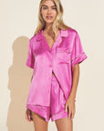 Model wears Inez Washable Silk Short PJ Set in Italian Rose/Foxglove.