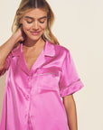 Model wears Inez Washable Silk Short PJ Set in Italian Rose/Foxglove.