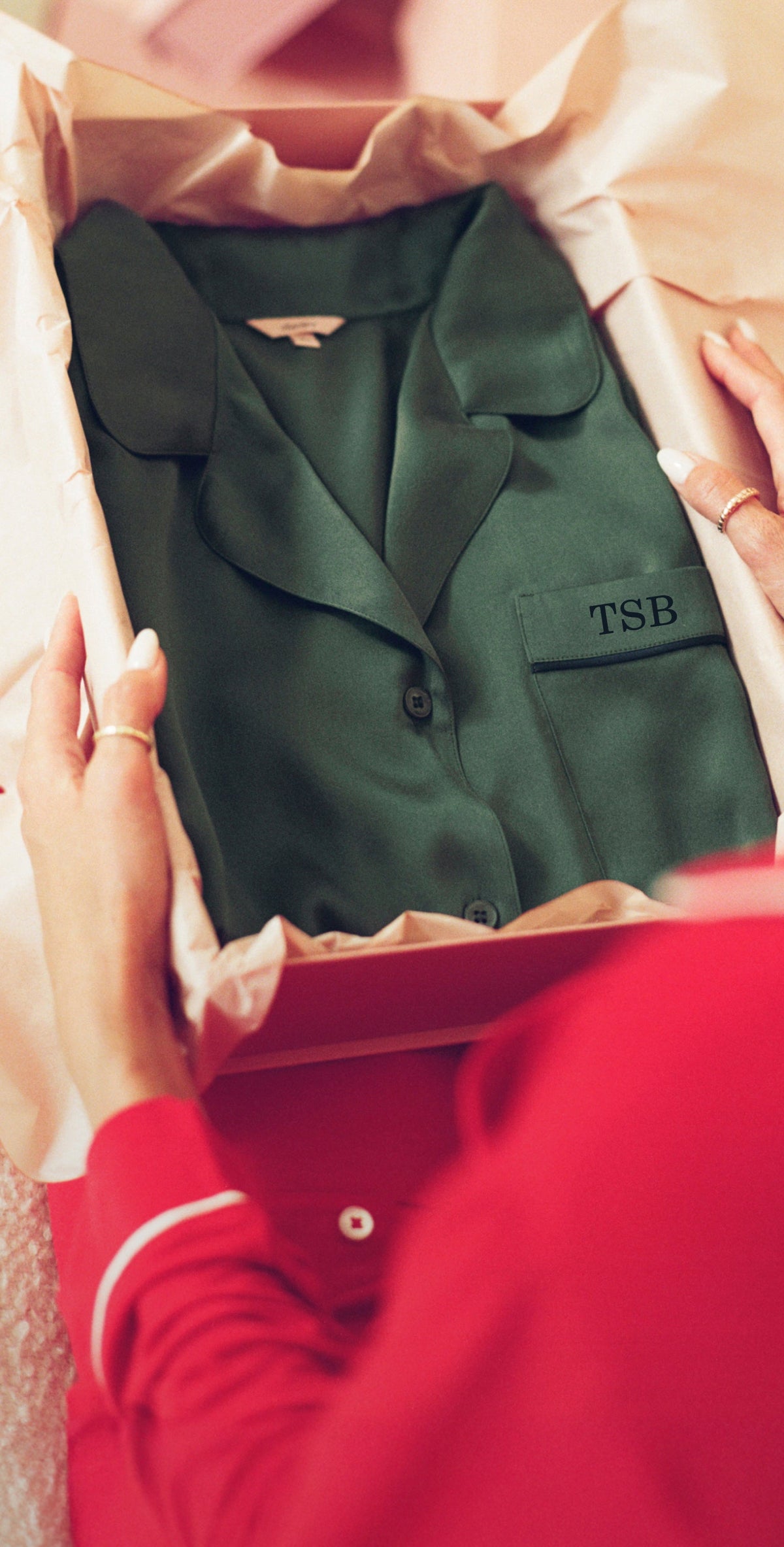 Monogrammed Washable Silk Long PJ Set in Spruce in a gift box