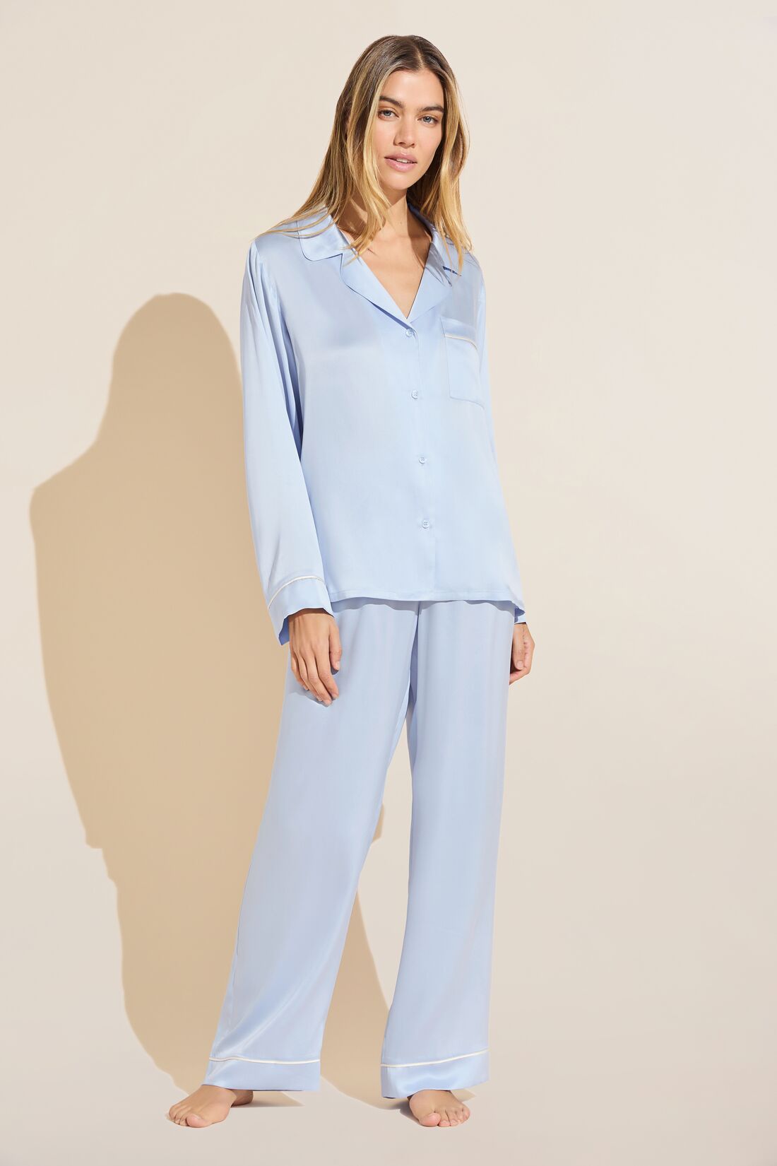 Inez Washable Silk Long PJ Set in Powder Blue/Champagne