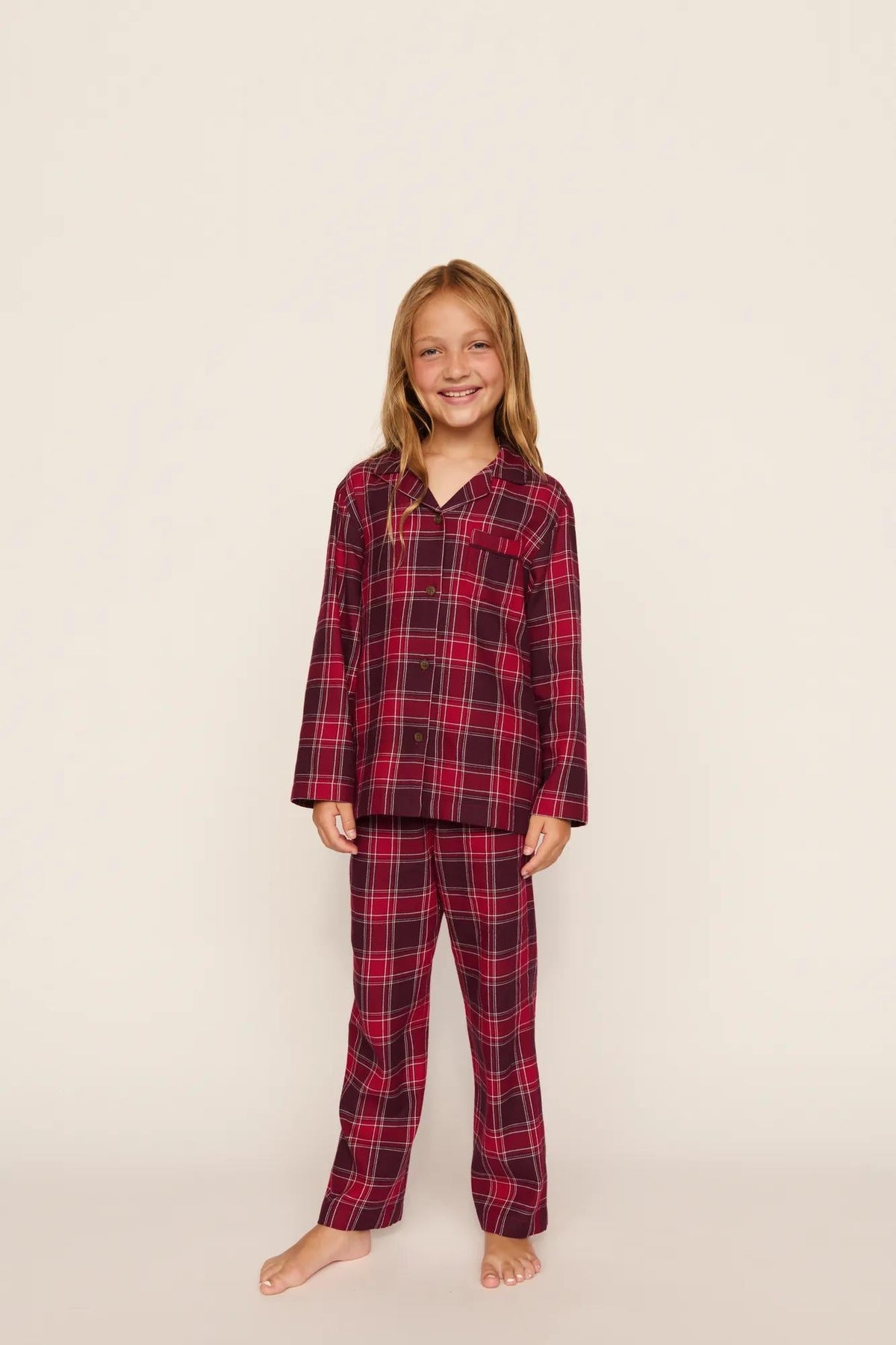 Kids Flannel Long PJ Set in Oxford Check Holly Red/Wildberry