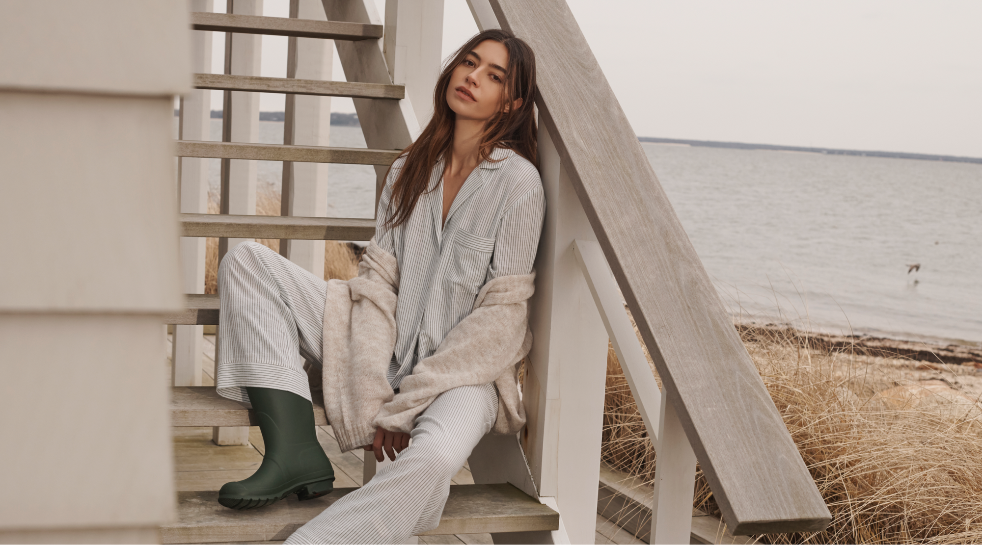 Nautico Long PJ Set in White/Forest Green