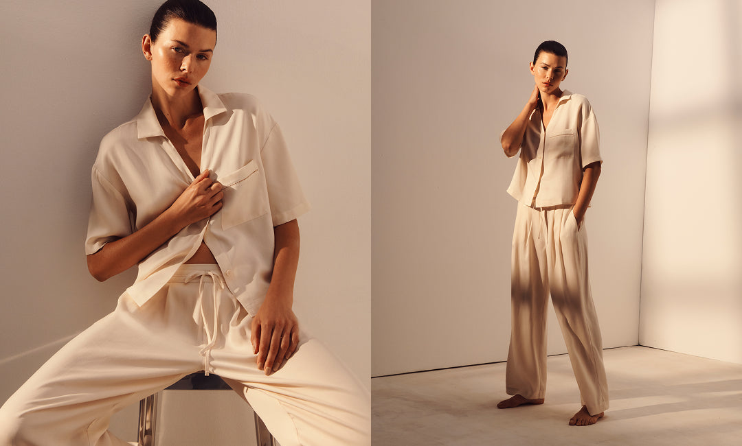 Image of Model wearing Tencel Woven Short Sleeve and Relaxed Pant in Almond Heather