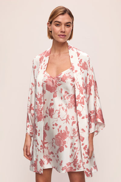 Model is wearing Inez Printed Washable Silk Short Robe in Ikebana Pearl
