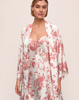 Model is wearing Inez Printed Washable Silk Short Robe in Ikebana Pearl
